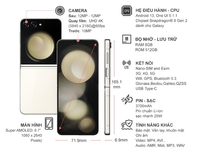 Điện thoại Samsung Galaxy Z Flip 5 5G 8GB/512GB Kem