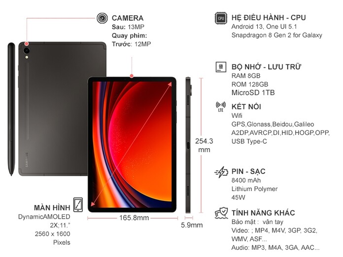 Máy tính bảng Samsung Galaxy Tab S9 Wifi 128GB Xám