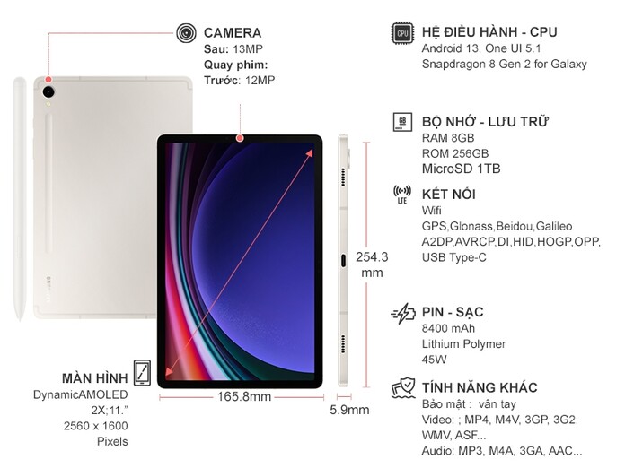 Máy tính bảng Samsung Galaxy Tab S9 Wifi 256GB Kem