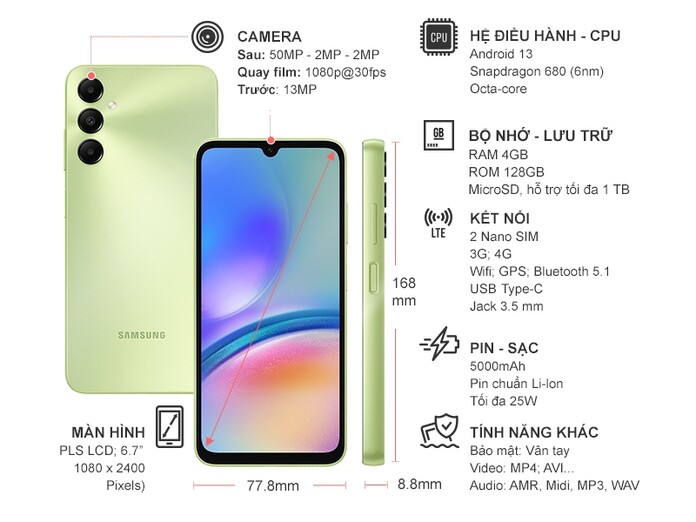 Điện thoại Samsung Galaxy A05s 4GB/128GB Xanh