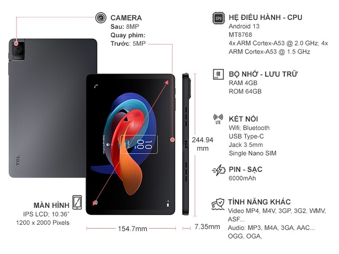 Máy tính bảng TCL Tab 10 Gen 2 LTE 64GB Xám