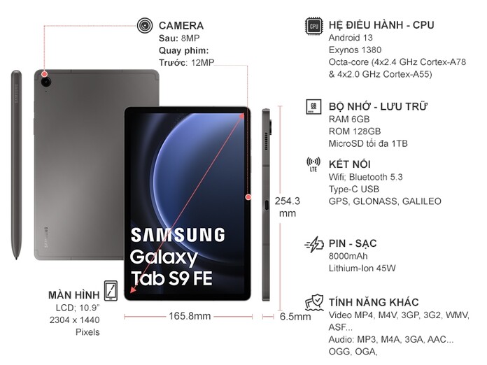 Máy tính bảng Samsung Galaxy Tab S9 FE Wifi 128GB Xám