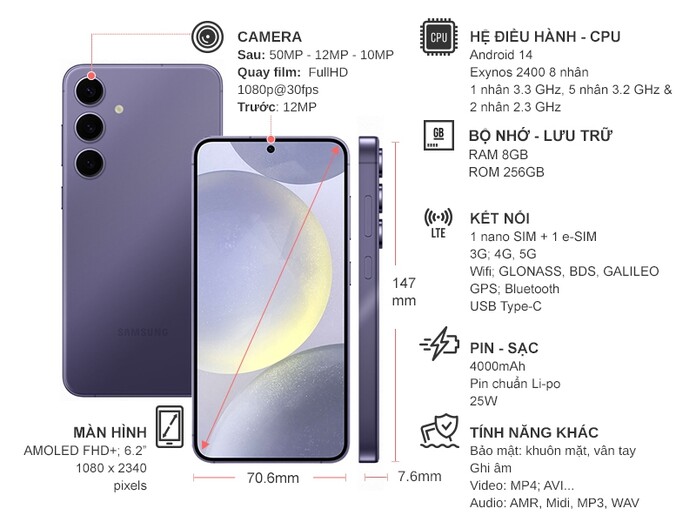 Điện thoại Samsung Galaxy S24 256GB Tím