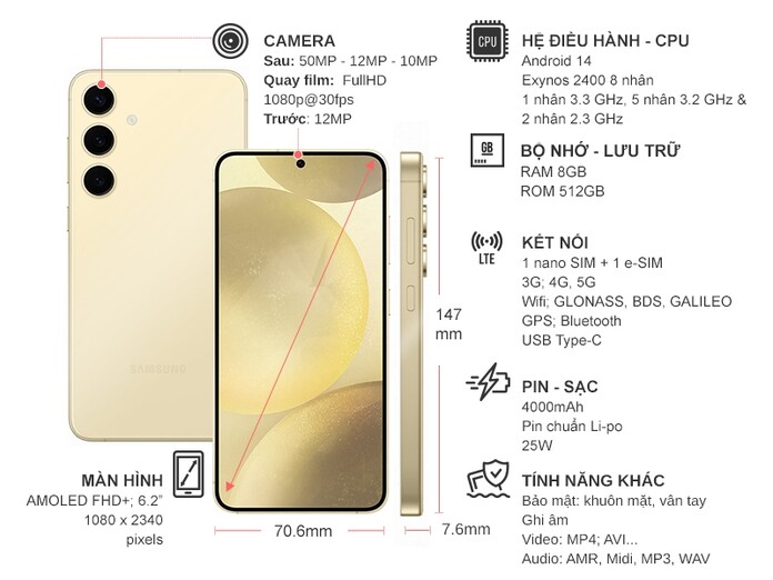 Điện thoại Samsung Galaxy S24 512GB Vàng