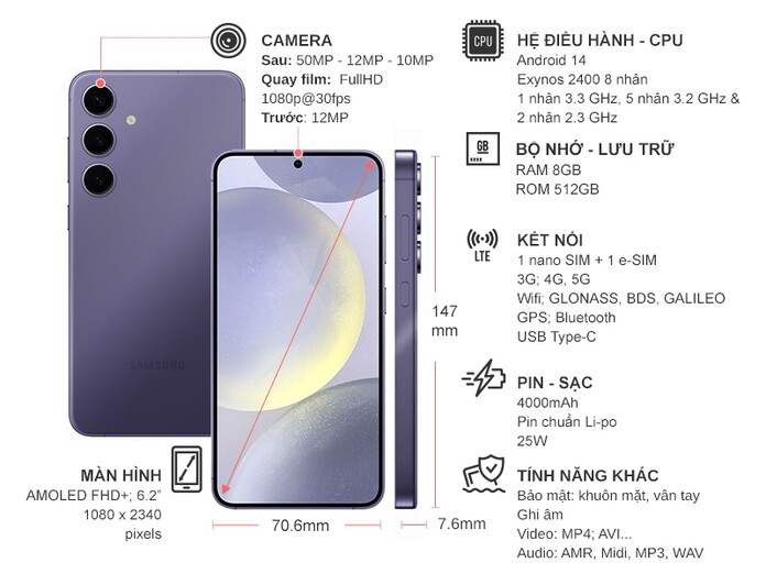 Điện thoại Samsung Galaxy S24 512GB Tím
