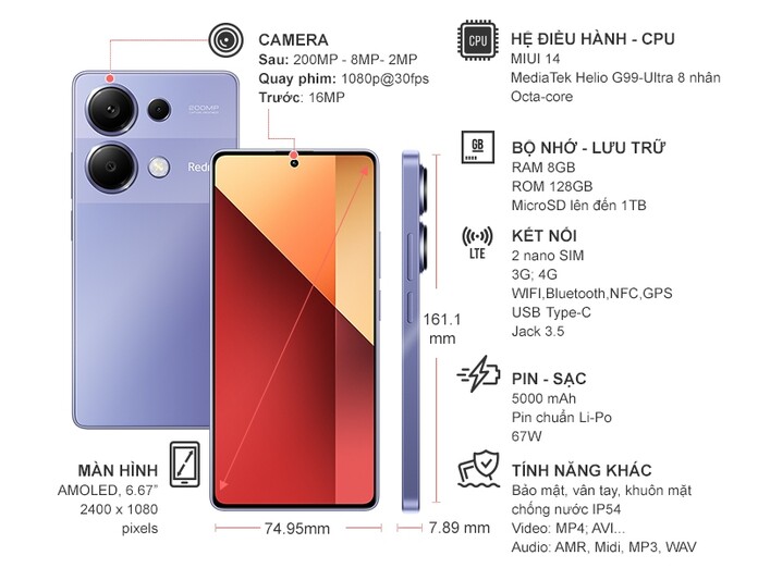 Điện thoại Xiaomi Redmi Note 13 Pro 4G 8GB/128GB Tím