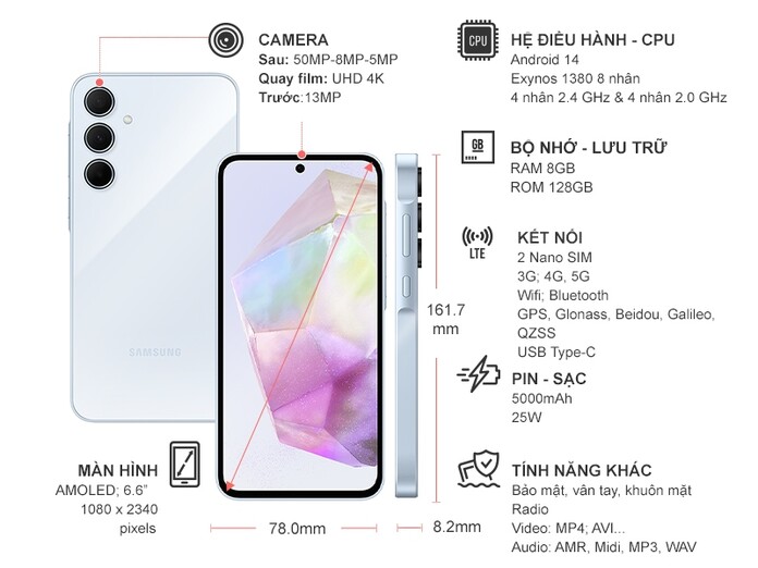 Điện thoại Samsung Galaxy A35 5G 8GB/128GB Xanh nhạt