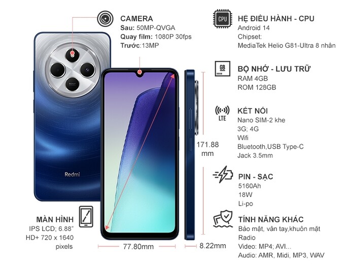 Điện thoại Xiaomi Redmi 14C 4GB/128GB Xanh Dương