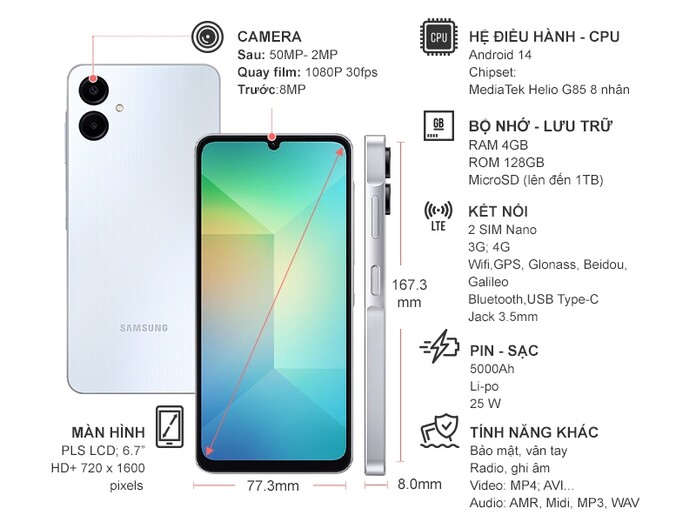 Điện thoại Samsung Galaxy A06 4G 4GB/128GB Xanh nhạt