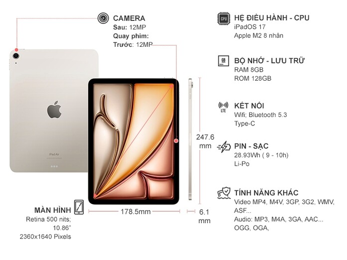 Máy tính bảng iPad Air M2 10.86 inch Wifi 128GB MUWE3ZA/A Vàng
