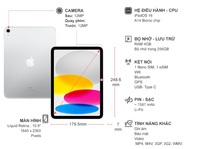 iPad Gen 10 Wifi Cellular 256GB 10.9 inch MQ6T3ZA/A Bạc