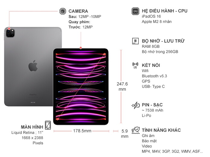 iPad Pro M2 2022 11 inch Wifi 256GB MNXF3ZA/A Xám (2022)