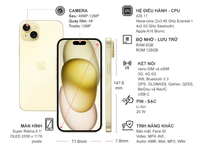 Điện thoại iPhone 15 128GB Vàng