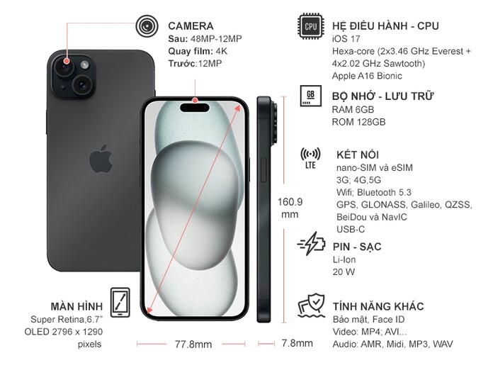 Điện thoại iPhone 15 Plus 128GB Đen