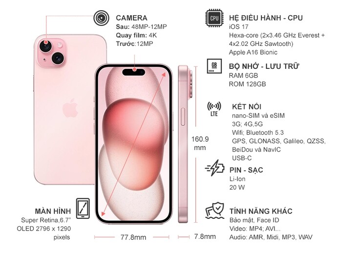 Điện thoại iPhone 15 Plus 128GB Hồng