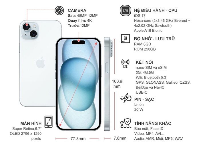 Điện thoại iPhone 15 Plus 256GB Xanh Dương