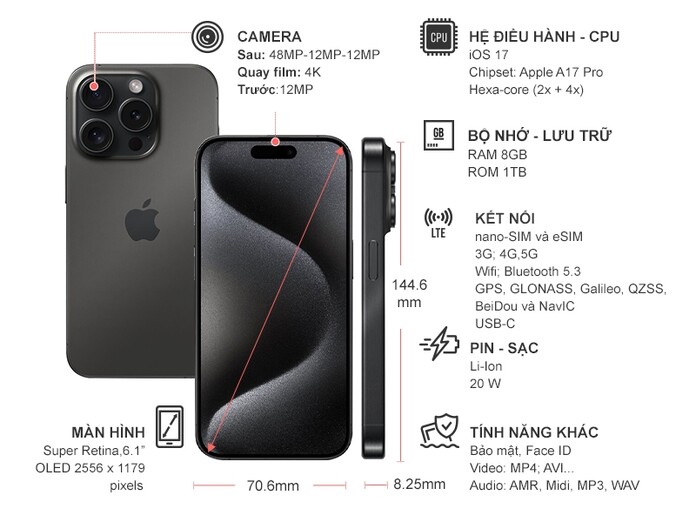 Điện thoại iPhone 15 Pro Max 256GB Titan Đen