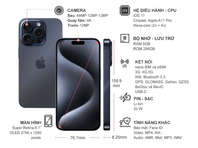 Điện thoại iPhone 15 Pro Max 256GB Titan Xanh