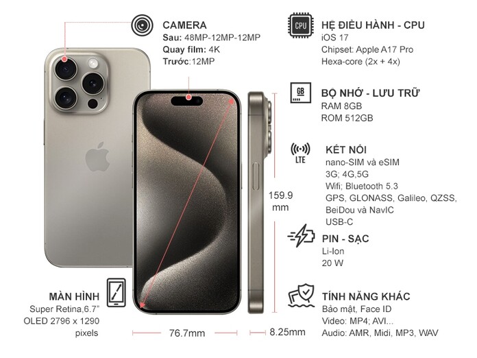 Điện thoại iPhone 15 Pro Max 512GB Titan Tự Nhiên