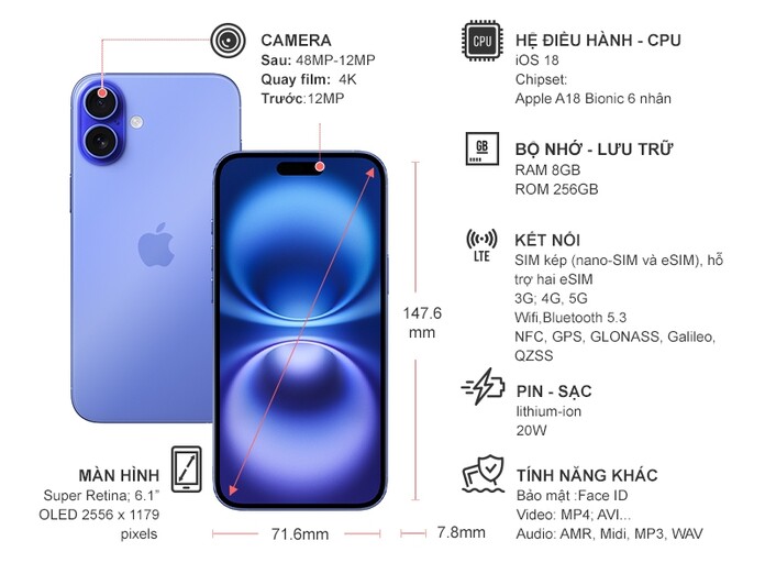 Điện thoại iPhone 16 256GB Xanh Lưu Ly