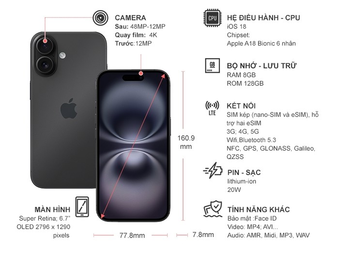 Điện thoại iPhone 16 Plus 128GB Đen