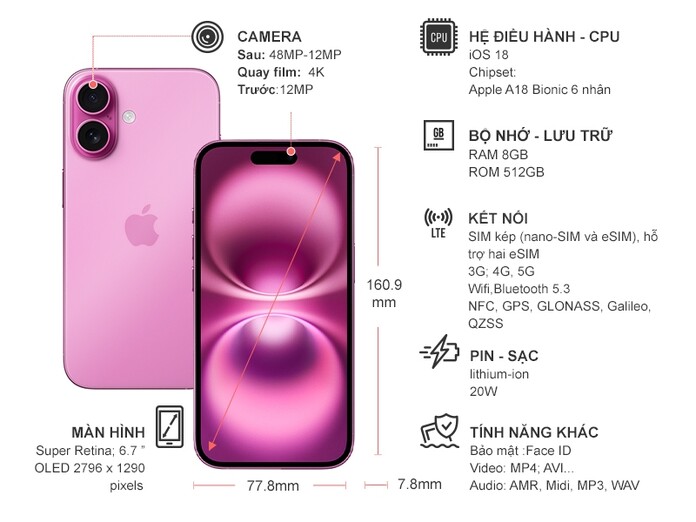 Điện thoại iPhone 16 Plus 512GB Hồng
