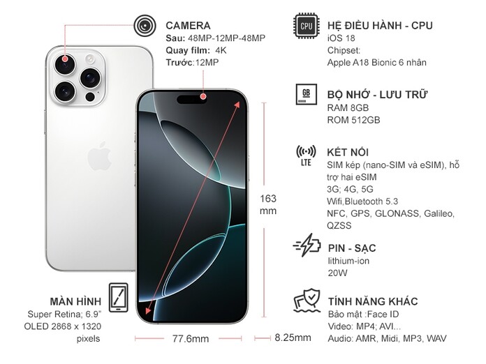 Điện thoại iPhone 16 Pro Max 512GB Titan Trắng