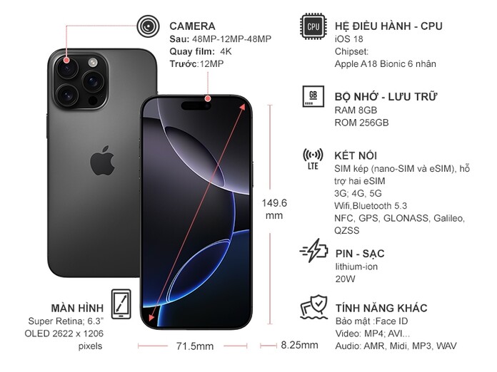 Điện thoại iPhone 16 Pro 256GB Titan Đen