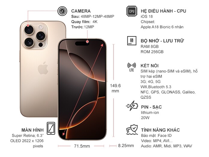Điện thoại iPhone 16 Pro 256GB Titan Sa Mạc