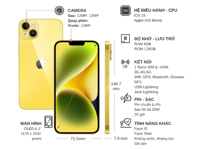 Điện thoại iPhone 14 128GB Vàng