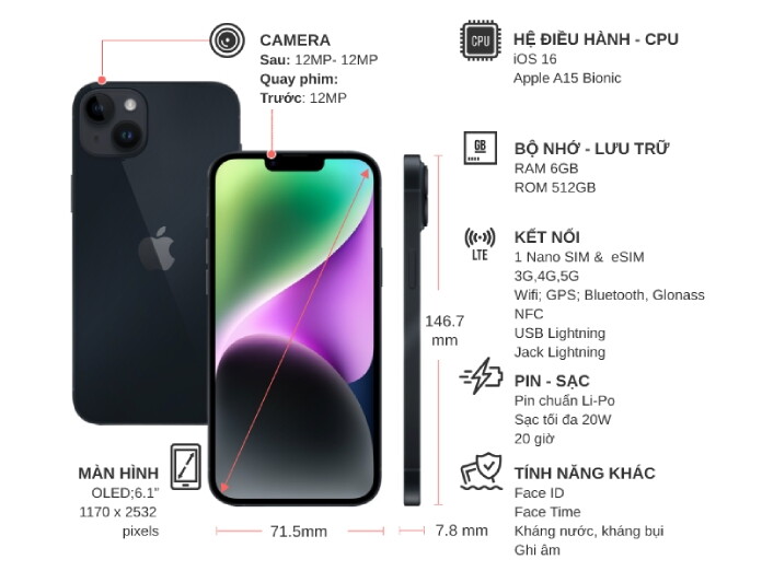 Điện thoại iPhone 14 512GB Đen