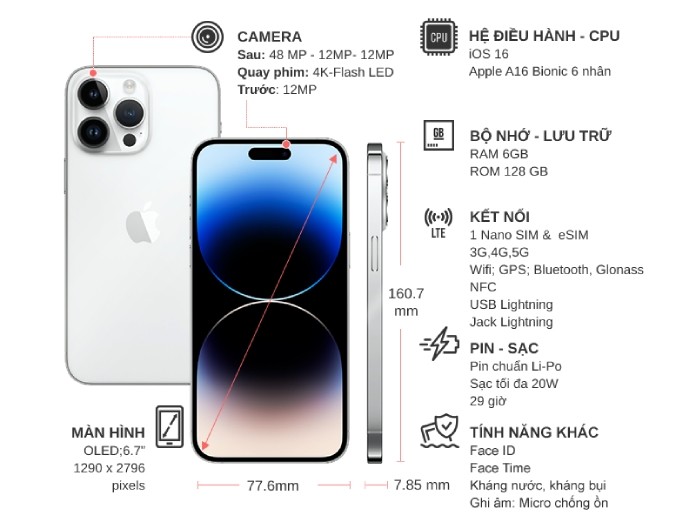 Điện thoại iPhone 14 Pro Max 128GB Bạc