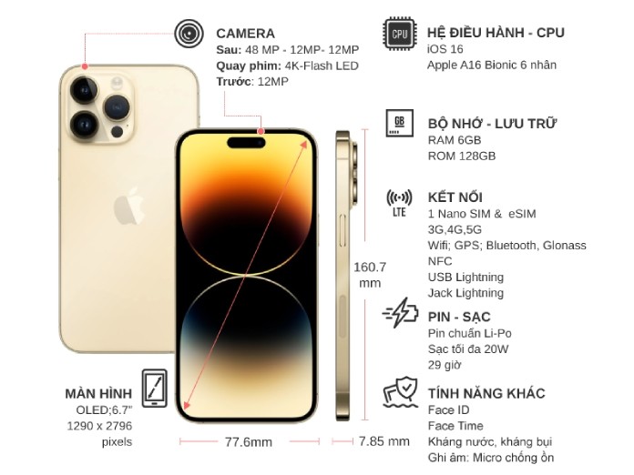 Điện thoại iPhone 14 Pro Max 128GB Vàng