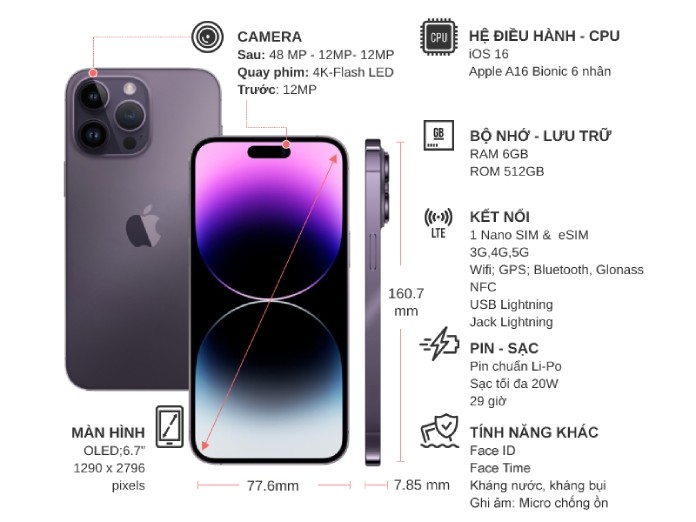 Điện thoại iPhone 14 Pro Max 512GB Tím