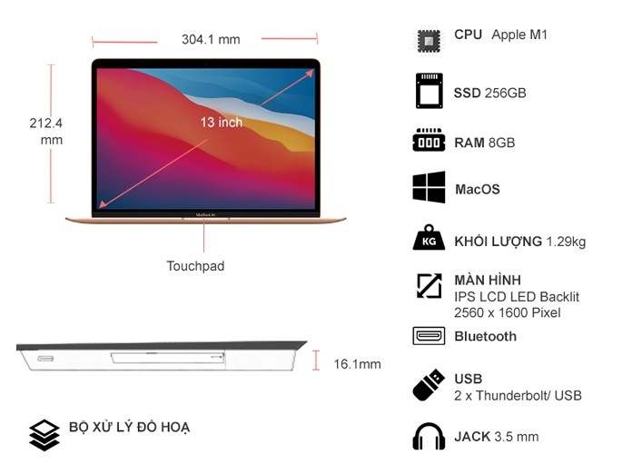 Laptop MacBook Air M1 13 inch 256GB MGND3SA/A Vàng
