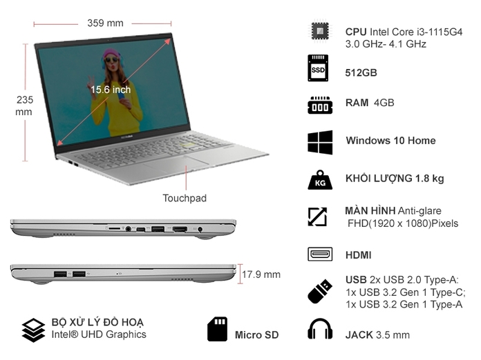 Laptop Asus Vivobook 15 A515 i3-1115G4 15.6 inch A515EA-BQ489T