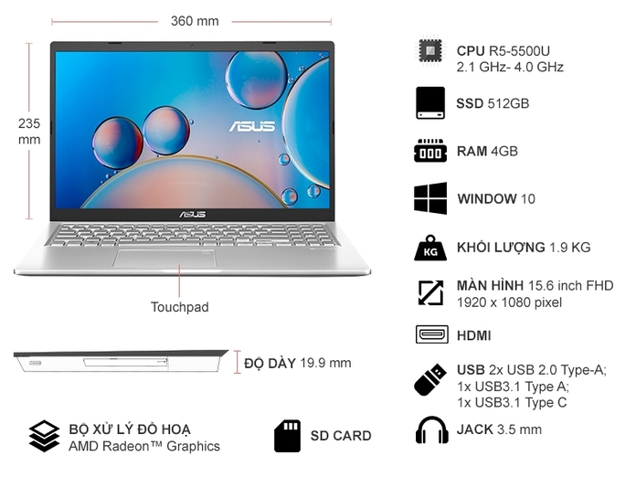 Laptop Asus D515U R5-5500U 15.6 inch D515UA-EJ045T