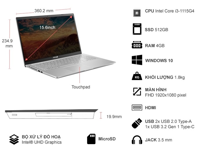 Laptop Asus X515E I3-1115G4 15.6 inch X515EA-BQ1006T