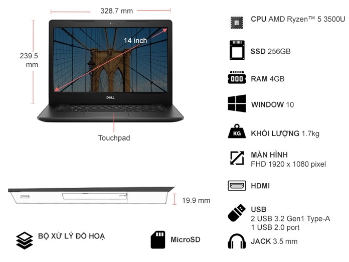 Laptop Dell Vostro 3405 R5-3500U/4GB/256GB/Win10 (V4R53500U001W)