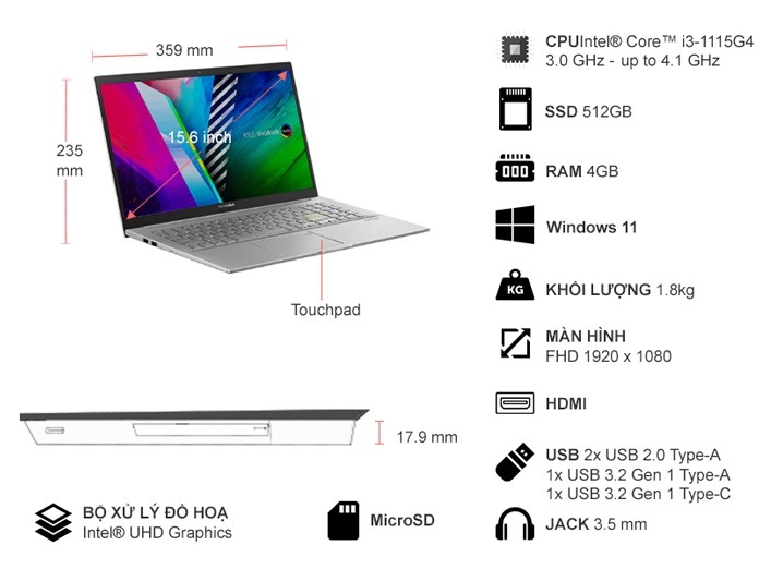 Laptop Asus VivoBook A515EA-BQ1530W i3-1115G4/4GB/512GB/Win11