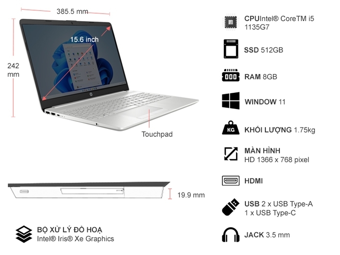 Laptop HP 15S-DU3592TU I5-1135G7/8GB/512GB/WIN11 (63P88PA)
