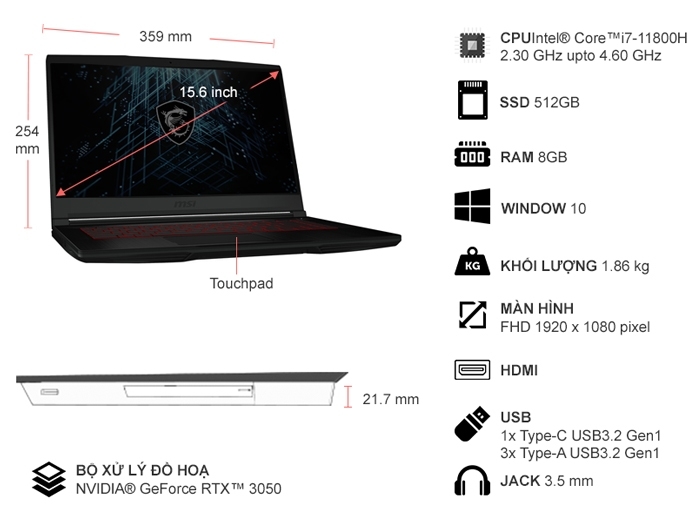 Laptop MSI GF63 Thin 11UC-441VN i7-11800H/8GB/512GB/Win10