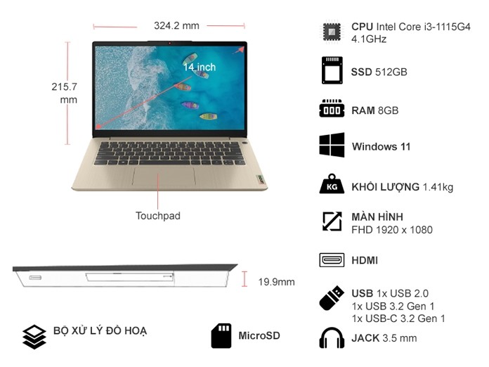 Laptop Lenovo Ideapad 3 14ITL6 i3-1115G4/8GB/512GB/Win11 (82H700XEVN)