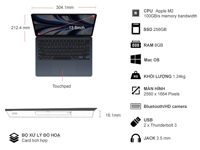 Laptop Macbook Air M2 2022 8GB/256GB/8 Core GPU MLY33SA/A Xanh Đen