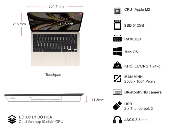 Laptop MacBook Air M2 2022 8GB/512GB/10 Core GPU MLY23SA/A Vàng