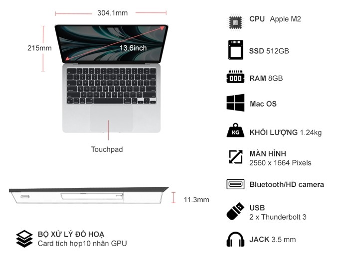 Laptop Macbook Air M2 2022 8GB/512GB/10 Core GPU MLY03SA/A Bạc