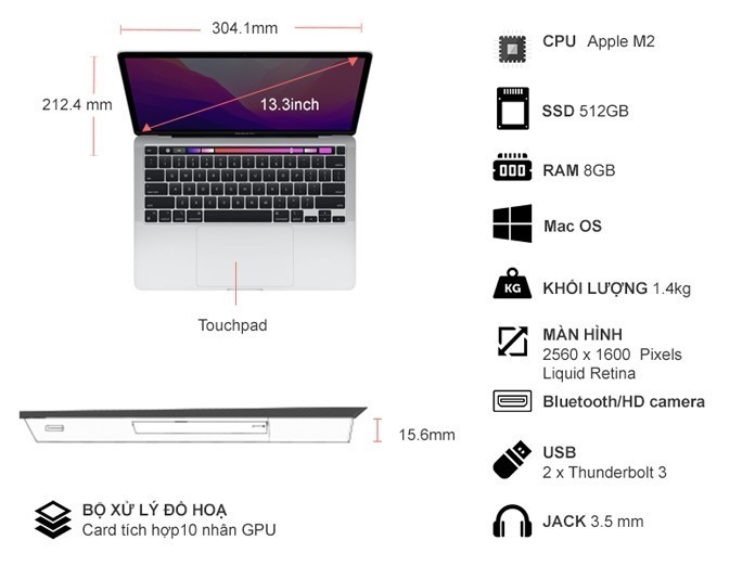 Laptop MacBook Pro M2 2022 8GB/512GB/10 Core GPU MNEQ3SA/A Bạc