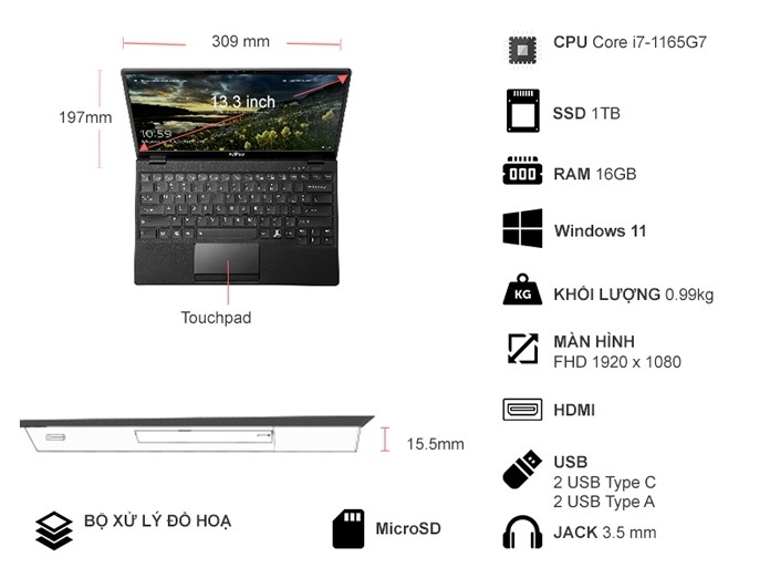 Laptop Fujitsu UH-X-9U13A2 i7-1165G7/16GB/1TB/Win11 4ZR1G97610