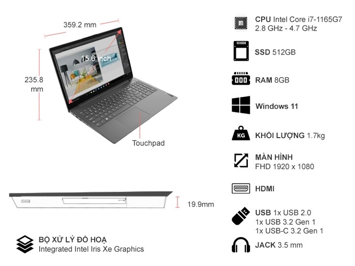 Laptop Lenovo V15 G2 i7-1165G7/8GB/512GB/Win11 82KB00R2VN