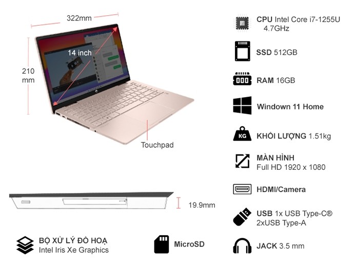 Laptop HP Pavilion X360 14-EK0055TU i7-1255U/16GB/512GB/Win11 6L293PA